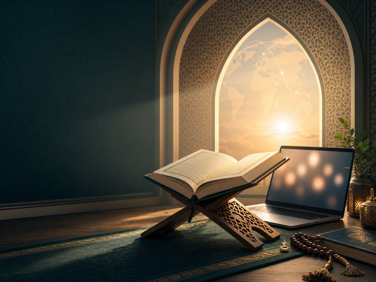 Open Quran beside a laptop in a peaceful study space